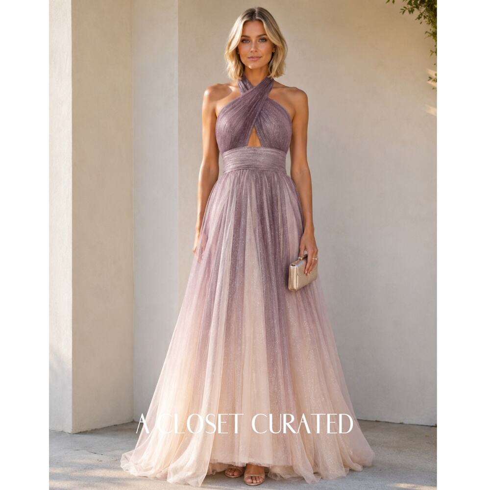 Mac Duggal Glitter Ombre Halter Tulle Ballgown
